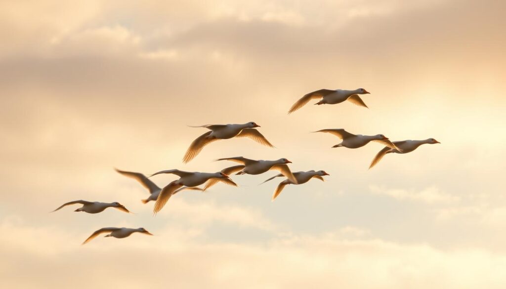 Snow geese in flight, representing natural wonder and transience Snow geese in flight, representing natural wonder and transience