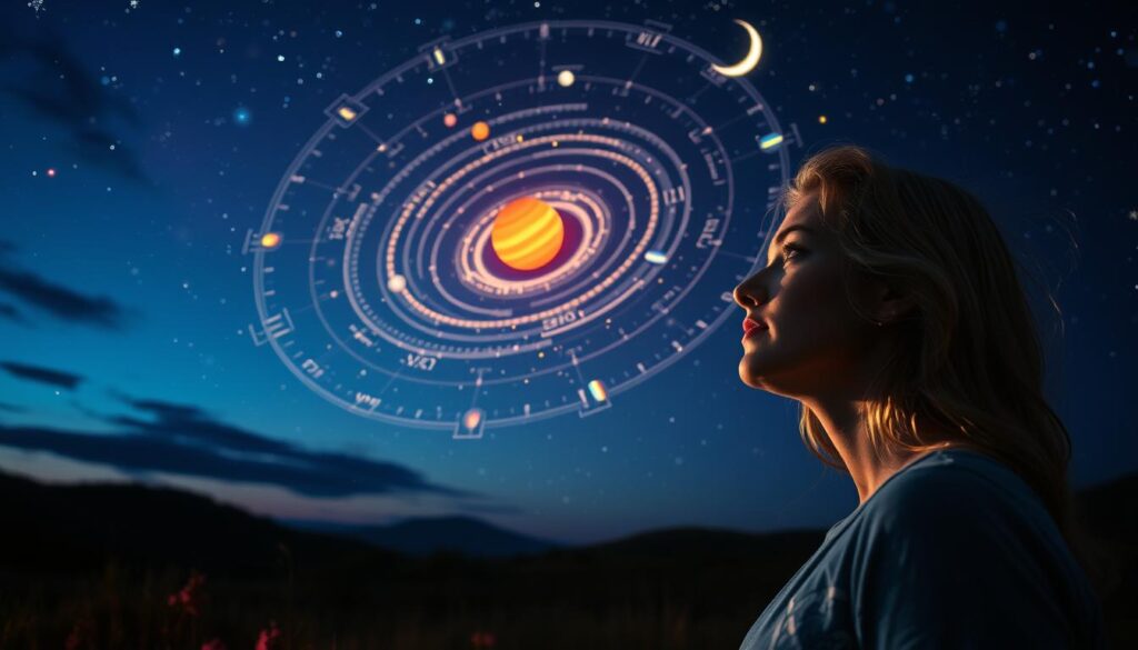 A celestial symphony of planetary alignments, captured in an ethereal landscape. The foreground features a young blonde man in his 20s and a young blonde woman in her 20s, their auras intertwined as they gaze up at the cosmic display. In the middle ground, planets and stars swirl in a mesmerizing dance, their colors and movements evoking the mysteries of astrology. The background is a canvas of deep blues and purples, lit by the soft glow of a crescent moon, creating a sense of tranquility and wonder. The lighting is a harmonious blend of natural and ethereal, casting a dreamlike quality over the entire scene. Captured with a wide-angle lens, the image invites the viewer to be immersed in the celestial enchantment. A celestial symphony of planetary alignments, captured in an ethereal landscape. The foreground features a young blonde man in his 20s and a young blonde woman in her 20s, their auras intertwined as they gaze up at the cosmic display. In the middle ground, planets and stars swirl in a mesmerizing dance, their colors and movements evoking the mysteries of astrology. The background is a canvas of deep blues and purples, lit by the soft glow of a crescent moon, creating a sense of tranquility and wonder. The lighting is a harmonious blend of natural and ethereal, casting a dreamlike quality over the entire scene. Captured with a wide-angle lens, the image invites the viewer to be immersed in the celestial enchantment.