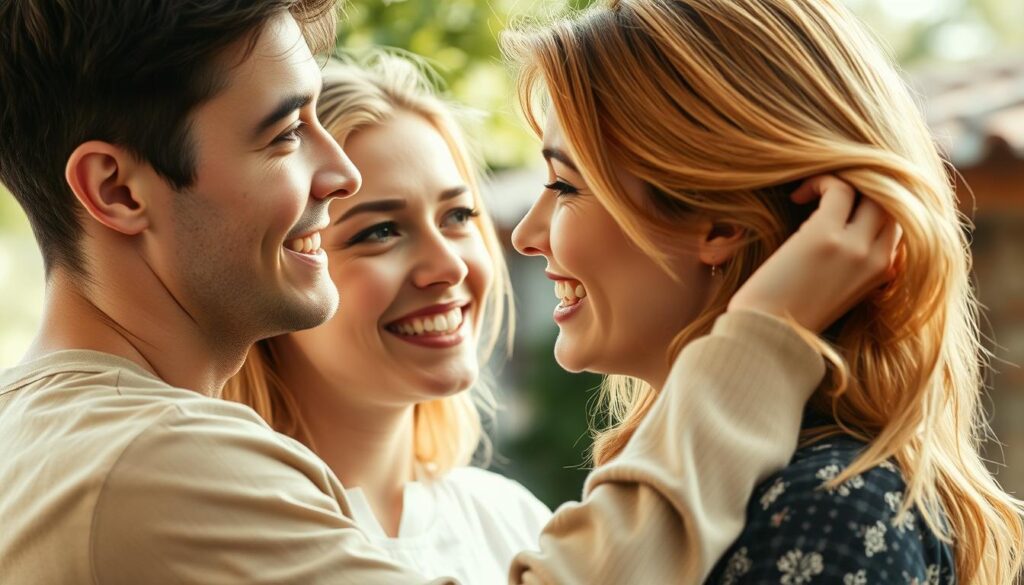 A charming young man and woman engage in a playful, flirtatious exchange. The man's gaze lingers, a coy smile playing on his lips as he leans in slightly, his body language open and inviting. The woman responds with a warm, friendly smile, her eyes sparkling with amusement as she tucked a stray lock of golden hair behind her ear. The scene is bathed in soft, natural lighting, creating an intimate, subtly romantic atmosphere. Captured from a slight angle, the image conveys a sense of closeness and connection between the two figures, hinting at the potential for something more.