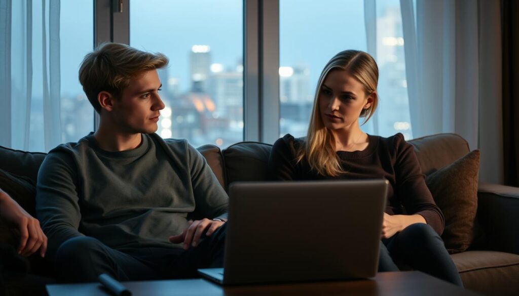 A cozy living room, soft lighting illuminating the scene. A young couple, the man in his 20s with blonde hair, the woman also blonde, sit together on a plush sofa, their expressions pensive as they navigate a discussion. Their body language conveys care and understanding, though the tension in the air is palpable. An open laptop rests on the coffee table, a reminder of their busy schedules. Through the window, the city skyline glimmers, a contrast to the intimate, introspective moment unfolding within.