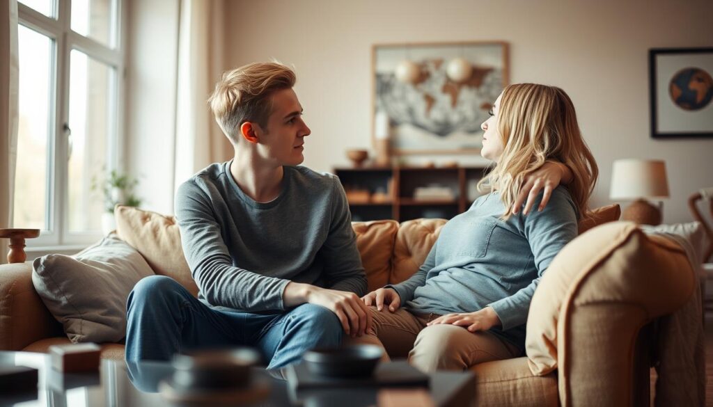 A cozy living room with soft lighting and warm tones. In the foreground, a young blonde man sits on a plush couch, his gaze fixed intently on a blonde woman in her 20s, who is perched on the armrest, leaning in close to him. Their body language suggests an intimate, but not overly affectionate, exchange. The middle ground features a coffee table with a few carefully placed objects, creating a sense of intentional decor. The background showcases a large window, allowing natural light to filter in and creating a contemplative, serene atmosphere. The overall mood conveys a sense of quiet connection and subtle flirtation, reflecting the theme of "Maintaining Interest Without Constant Contact."