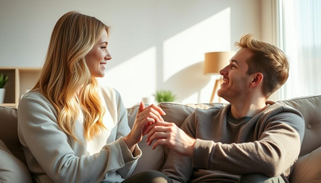 A cozy, sun-lit apartment, where a young man and woman in their 20s sit together on a plush sofa, their fingers intertwined. The woman, a radiant blonde, gazes adoringly at the man, her expression conveying a newfound intimacy and commitment. The man, also fair-haired, returns her gaze with a warm, tender smile, his body language relaxed and attentive. The scene captures a transitional moment, as the casual connection transforms into a deeper, more devoted relationship, the space bathed in a golden, romantic glow.