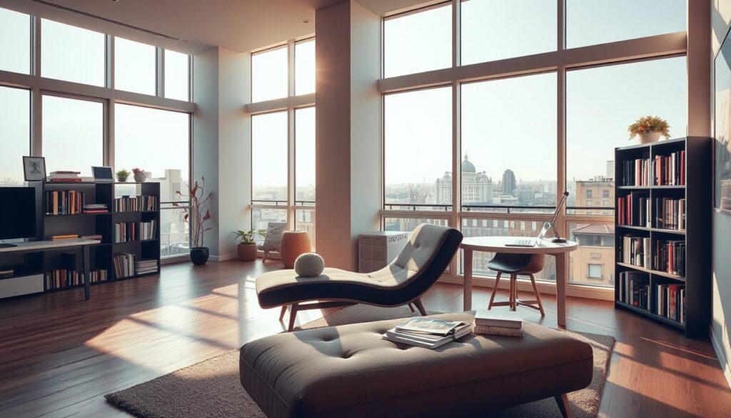 A modern studio apartment with an open floor plan and expansive windows, bathed in warm, natural light. In the foreground, a stylish chaise lounge invites relaxation, while a sleek minimalist desk stands as a symbol of productivity. The middle ground features a well-stocked bookshelf and a cozy reading nook, hinting at an independent, intellectually curious lifestyle. The background showcases a small balcony or terrace, offering a serene urban view that reinforces the sense of personal freedom and self-sufficiency. The overall atmosphere exudes a harmonious balance between work, leisure, and a curated, unencumbered existence. A modern studio apartment with an open floor plan and expansive windows, bathed in warm, natural light. In the foreground, a stylish chaise lounge invites relaxation, while a sleek minimalist desk stands as a symbol of productivity. The middle ground features a well-stocked bookshelf and a cozy reading nook, hinting at an independent, intellectually curious lifestyle. The background showcases a small balcony or terrace, offering a serene urban view that reinforces the sense of personal freedom and self-sufficiency. The overall atmosphere exudes a harmonious balance between work, leisure, and a curated, unencumbered existence.