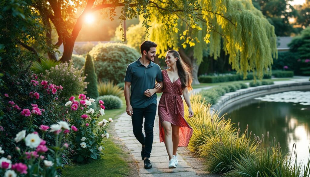 A serene garden setting with a young man and woman in their 20s casually strolling together, enjoying each other's company. Soft evening light filters through the lush foliage, casting a warm, romantic glow. The pair meander along a winding path, their body language suggesting an effortless, comfortable closeness. Blooming flowers line the walkway, hinting at the budding connection between them. A tranquil pond reflects the scene, adding a sense of peaceful intimacy. The overall atmosphere is one of natural, unforced romance, inviting the viewer to imagine the potential for these two individuals to fall in love.