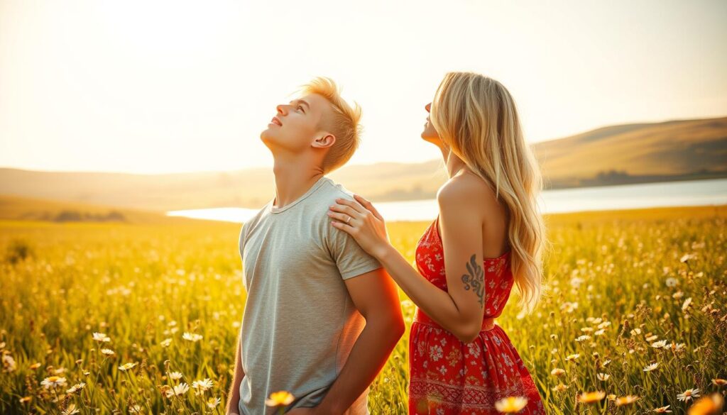 A sunlit meadow, lush with wildflowers, serves as the backdrop for the meeting of two young souls - a blonde Aquarius man and a blonde Leo woman, both in their twenties. The man gazes upwards, contemplating the boundless sky, while the woman stands beside him, her hand gently resting on his arm. Their bodies are angled towards each other, conveying a sense of connection and shared purpose. The warm, golden light bathes the scene, lending an aura of optimism and potential. In the distance, rolling hills and a tranquil lake suggest a future of peaceful harmony and mutual growth. This image captures the long-term goals and aspirations of this celestial pair, a harmonious union of air and fire. A sunlit meadow, lush with wildflowers, serves as the backdrop for the meeting of two young souls - a blonde Aquarius man and a blonde Leo woman, both in their twenties. The man gazes upwards, contemplating the boundless sky, while the woman stands beside him, her hand gently resting on his arm. Their bodies are angled towards each other, conveying a sense of connection and shared purpose. The warm, golden light bathes the scene, lending an aura of optimism and potential. In the distance, rolling hills and a tranquil lake suggest a future of peaceful harmony and mutual growth. This image captures the long-term goals and aspirations of this celestial pair, a harmonious union of air and fire.