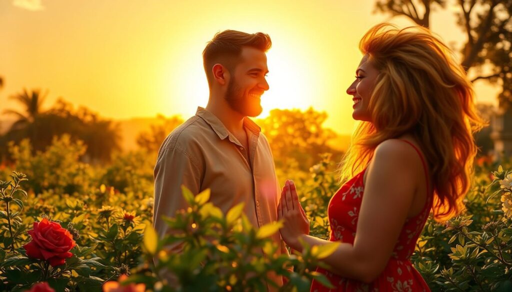 A vibrant, sun-dappled scene depicting the harmonious union of an Aquarius man and a Leo woman. In the foreground, the couple stand side-by-side, gazing affectionately at each other, their expressions radiating a sense of profound connection and mutual understanding. The man, with his distinctive water-bearer attire and an air of intellectual curiosity, and the woman, with her fierce, leonine presence and an aura of warmth and charisma, embody the complementary energies of their zodiac signs. In the middle ground, a lush, verdant garden frames the couple, its vibrant hues and flourishing foliage symbolizing the abundance and growth of their relationship. The background features a stunning, golden-hued sunset, casting a warm, romantic glow over the entire scene and evoking a sense of deep fulfillment and lasting harmony. A vibrant, sun-dappled scene depicting the harmonious union of an Aquarius man and a Leo woman. In the foreground, the couple stand side-by-side, gazing affectionately at each other, their expressions radiating a sense of profound connection and mutual understanding. The man, with his distinctive water-bearer attire and an air of intellectual curiosity, and the woman, with her fierce, leonine presence and an aura of warmth and charisma, embody the complementary energies of their zodiac signs. In the middle ground, a lush, verdant garden frames the couple, its vibrant hues and flourishing foliage symbolizing the abundance and growth of their relationship. The background features a stunning, golden-hued sunset, casting a warm, romantic glow over the entire scene and evoking a sense of deep fulfillment and lasting harmony.