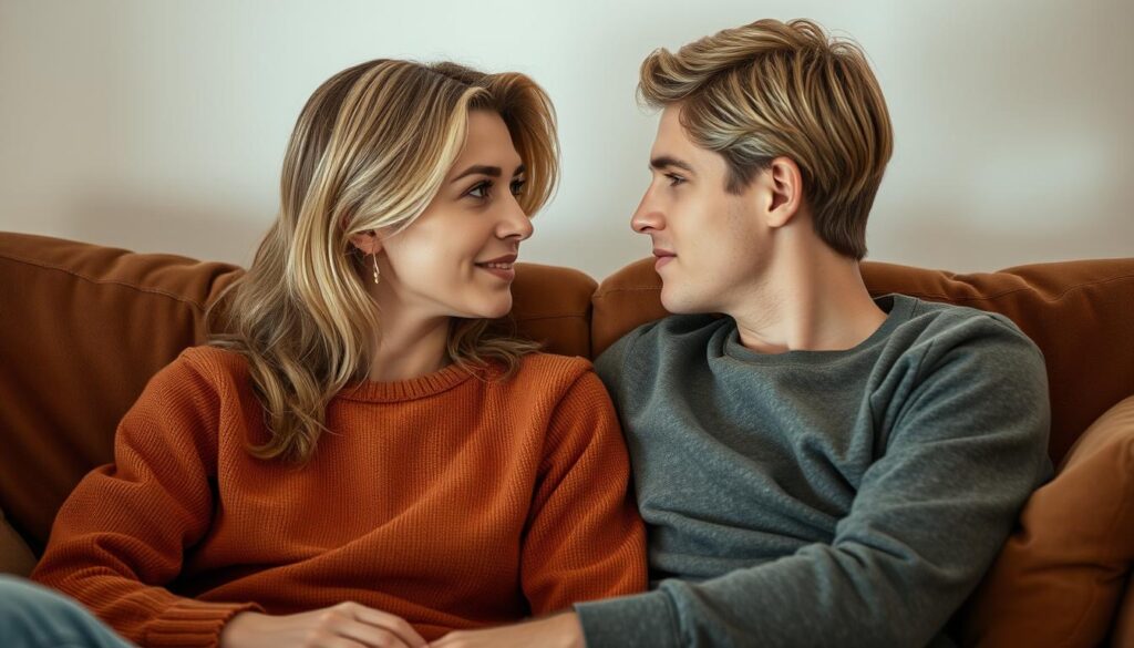 A warm and intimate scene of a young blonde man and woman in their 20s, gazing into each other's eyes with genuine connection and openness. The couple is seated on a plush, earthy-toned sofa, surrounded by soft, diffused lighting that creates a sense of comfort and vulnerability. Their body language is relaxed and attentive, conveying a feeling of trust and authenticity in their relationship. The background is slightly blurred, focusing the viewer's attention on the couple's sincere, unguarded expressions as they share a moment of emotional intimacy.