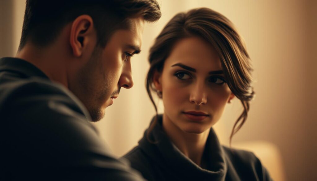 A warm, intimate scene of a couple's dynamic, captured in soft lighting and muted tones. In the foreground, the man leans in, his gaze intent, as the woman holds a pensive expression, a subtle tilt of her head conveying her internal thoughts. The background is blurred, creating a sense of focus on their subtle interplay. The lighting is soft and diffused, adding a dreamlike quality, as if time has slowed down, allowing the viewer to fully immerse in the moment of their connection and the delicate dance of interest and restraint. A warm, intimate scene of a couple's dynamic, captured in soft lighting and muted tones. In the foreground, the man leans in, his gaze intent, as the woman holds a pensive expression, a subtle tilt of her head conveying her internal thoughts. The background is blurred, creating a sense of focus on their subtle interplay. The lighting is soft and diffused, adding a dreamlike quality, as if time has slowed down, allowing the viewer to fully immerse in the moment of their connection and the delicate dance of interest and restraint.