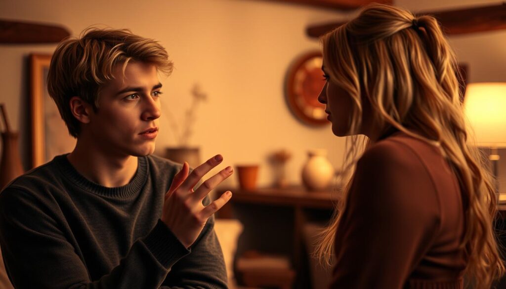 A warm-toned, ambient-lit scene featuring a young, blonde Aquarius man and a young, blonde Leo woman engaged in a meaningful conversation. The man, wearing a thoughtful expression, gestures calmly, while the woman, her body language tense, listens intently. The background is a cozy, softly-lit interior, with hints of earthy tones and natural textures, conveying a sense of introspection and understanding. Subtle lighting and depth of field create a sense of intimacy, inviting the viewer to witness this delicate moment of conflict resolution between the two fixed signs. A warm-toned, ambient-lit scene featuring a young, blonde Aquarius man and a young, blonde Leo woman engaged in a meaningful conversation. The man, wearing a thoughtful expression, gestures calmly, while the woman, her body language tense, listens intently. The background is a cozy, softly-lit interior, with hints of earthy tones and natural textures, conveying a sense of introspection and understanding. Subtle lighting and depth of field create a sense of intimacy, inviting the viewer to witness this delicate moment of conflict resolution between the two fixed signs.