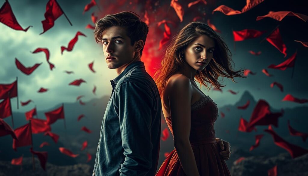 A young Aquarius man with a pensive expression and a young Leo woman with a fiery gaze, their bodies turned away from each other, standing amid a swirling vortex of red flags and warning signs. The scene is bathed in a harsh, dramatic light, casting deep shadows and highlighting the tension between the two figures. The background is a moody, foreboding landscape, suggesting the impending end of their relationship. The overall atmosphere conveys a sense of unease and the need for caution, reflecting the section title "When to Walk Away". A young Aquarius man with a pensive expression and a young Leo woman with a fiery gaze, their bodies turned away from each other, standing amid a swirling vortex of red flags and warning signs. The scene is bathed in a harsh, dramatic light, casting deep shadows and highlighting the tension between the two figures. The background is a moody, foreboding landscape, suggesting the impending end of their relationship. The overall atmosphere conveys a sense of unease and the need for caution, reflecting the section title "When to Walk Away".