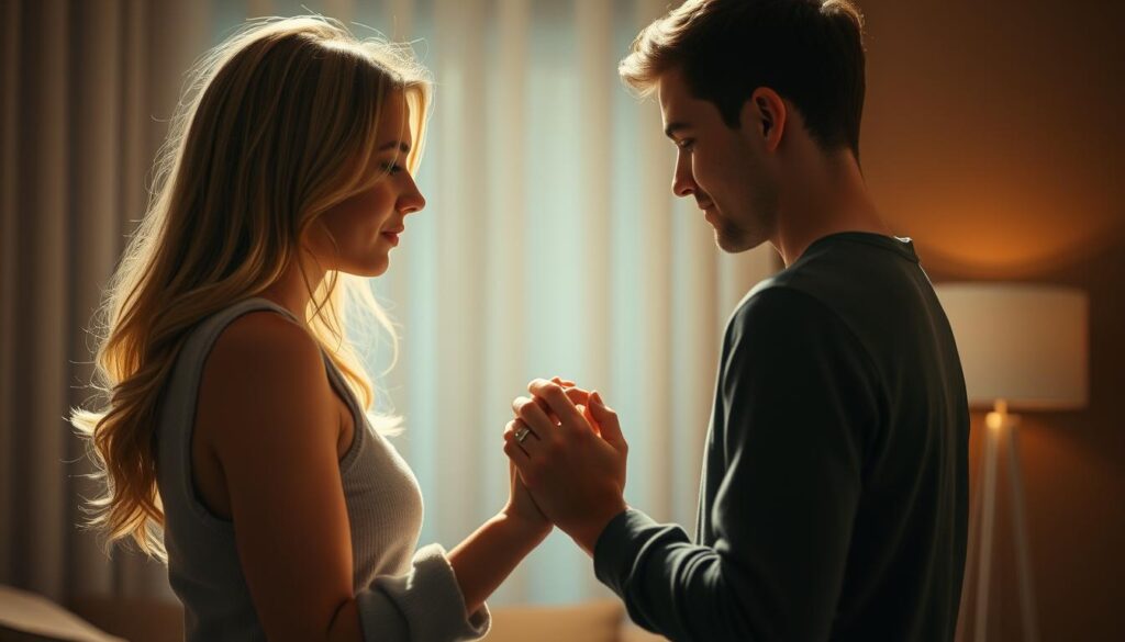A young man and woman in their 20s, with blonde hair, gently touching hands, their bodies leaning in towards each other, but maintaining a careful physical distance. The lighting is soft and warm, creating an intimate, yet reserved atmosphere. The background is blurred, keeping the focus on the delicate dance of their body language, conveying the boundaries and unspoken tensions of a budding romantic relationship. The scene is captured with a shallow depth of field, using a medium-length lens to emphasize the emotional connection and personal space between the two figures.