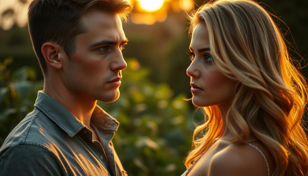 An Aquarius man in his 20s, with deep blue eyes and a pensive expression, stands captivated by a stunning Leo woman in her 20s, with golden blonde hair cascading over her shoulders. The soft, warm lighting from the setting sun bathes them in a romantic glow, creating an intimate, almost dreamlike atmosphere. The man's gaze is transfixed on the woman, his body language conveying a sense of awe and admiration as he takes in her confident, charismatic presence. In the background, a lush, verdant garden provides a serene, natural backdrop, enhancing the sense of wonder and connection between the two individuals. An Aquarius man in his 20s, with deep blue eyes and a pensive expression, stands captivated by a stunning Leo woman in her 20s, with golden blonde hair cascading over her shoulders. The soft, warm lighting from the setting sun bathes them in a romantic glow, creating an intimate, almost dreamlike atmosphere. The man's gaze is transfixed on the woman, his body language conveying a sense of awe and admiration as he takes in her confident, charismatic presence. In the background, a lush, verdant garden provides a serene, natural backdrop, enhancing the sense of wonder and connection between the two individuals.