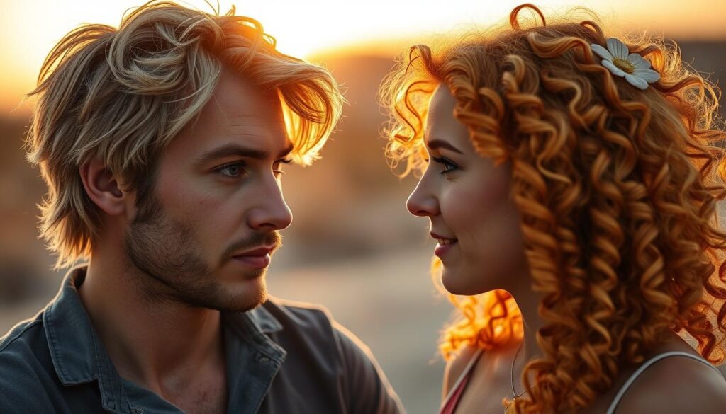 Aquarius man and Leo woman engaged in intimate conversation, set against a warm, golden sunset. The man, with piercing blue eyes and tousled blonde hair, leans in, his expression thoughtful as he listens intently to the woman, her vibrant golden curls framing her animated features. The scene radiates a sense of connection, as if they are the only two people in the world, lost in a moment of deep understanding. The background blurs softly, drawing the viewer's focus to the captivating interplay between the two individuals. Aquarius man and Leo woman engaged in intimate conversation, set against a warm, golden sunset. The man, with piercing blue eyes and tousled blonde hair, leans in, his expression thoughtful as he listens intently to the woman, her vibrant golden curls framing her animated features. The scene radiates a sense of connection, as if they are the only two people in the world, lost in a moment of deep understanding. The background blurs softly, drawing the viewer's focus to the captivating interplay between the two individuals.