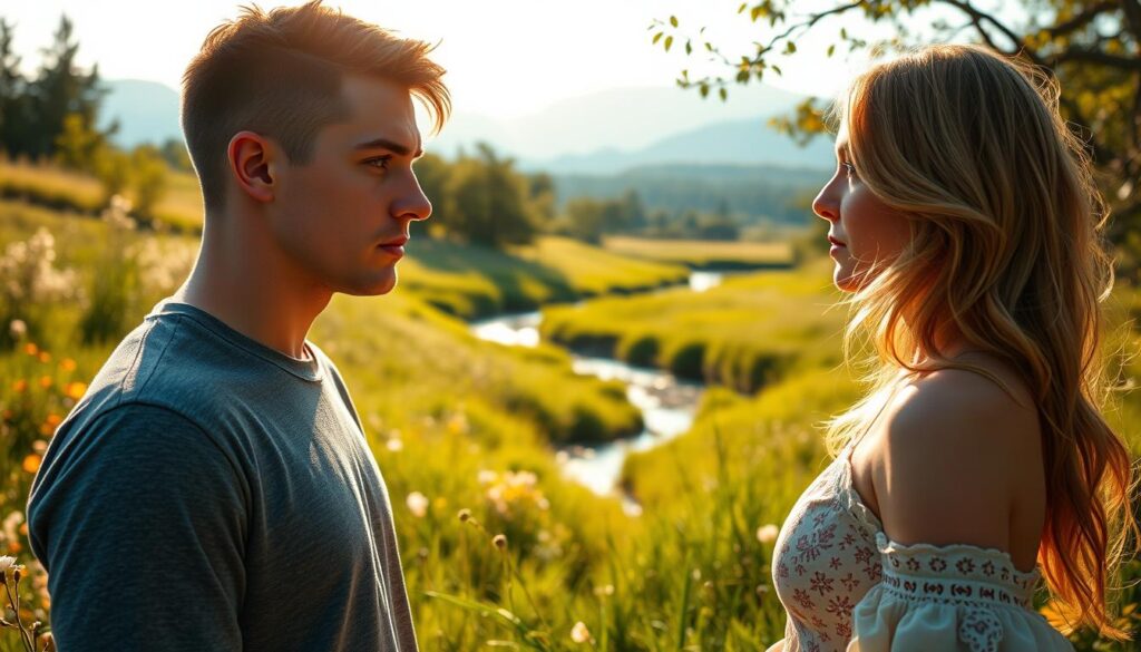 In a cozy, sun-dappled meadow, a young Aquarius man with striking blue eyes and a pensive gaze stands facing a vibrant Leo woman, her golden hair flowing in the gentle breeze. The sun's warm rays cast a soft glow, highlighting the subtle tension in their body language as they navigate the complexities of their relationship. The background features a lush, verdant landscape with blooming wildflowers, a serene creek, and a distant, hazy mountain range, creating a sense of tranquility that belies the unspoken challenges they face. The lighting is natural and evocative, inviting the viewer to explore the nuances of this moment between the two star-crossed lovers. In a cozy, sun-dappled meadow, a young Aquarius man with striking blue eyes and a pensive gaze stands facing a vibrant Leo woman, her golden hair flowing in the gentle breeze. The sun's warm rays cast a soft glow, highlighting the subtle tension in their body language as they navigate the complexities of their relationship. The background features a lush, verdant landscape with blooming wildflowers, a serene creek, and a distant, hazy mountain range, creating a sense of tranquility that belies the unspoken challenges they face. The lighting is natural and evocative, inviting the viewer to explore the nuances of this moment between the two star-crossed lovers.